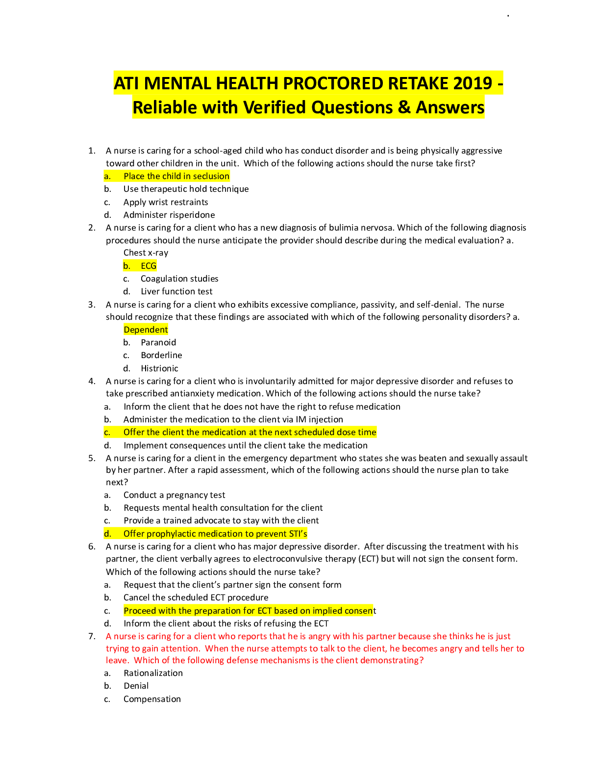 Preview of ATI MENTAL HEALTH PROCTORED RETAKE 2019 - Reliable with Verified Questions & Answers